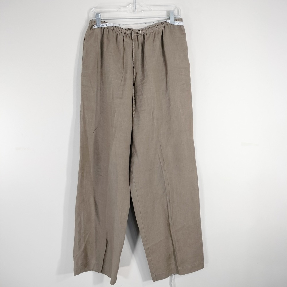 Josephine Chaus Brown Pants; 100% Linen Elastic Waist Wide Leg